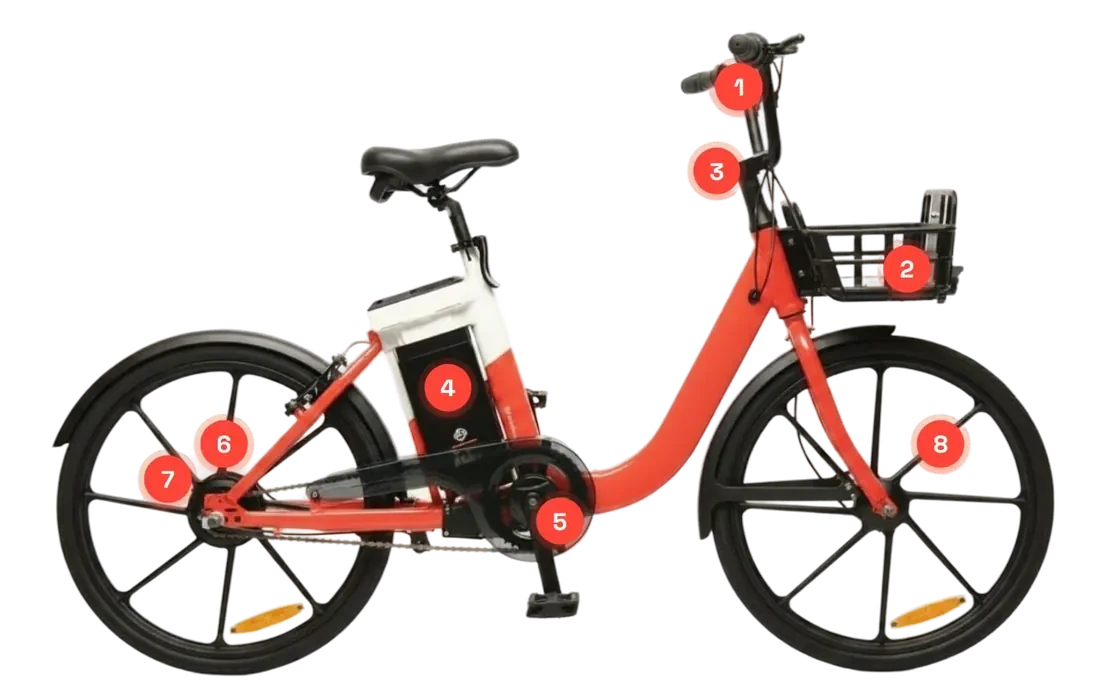 Plano de la bicicleta eléctrica compartida con sus componentes numerados