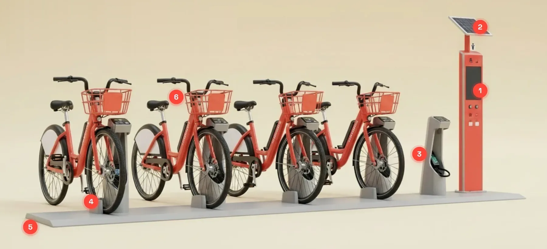 Estación de bicicletas con tótem, panel solar y anclajes numerados
